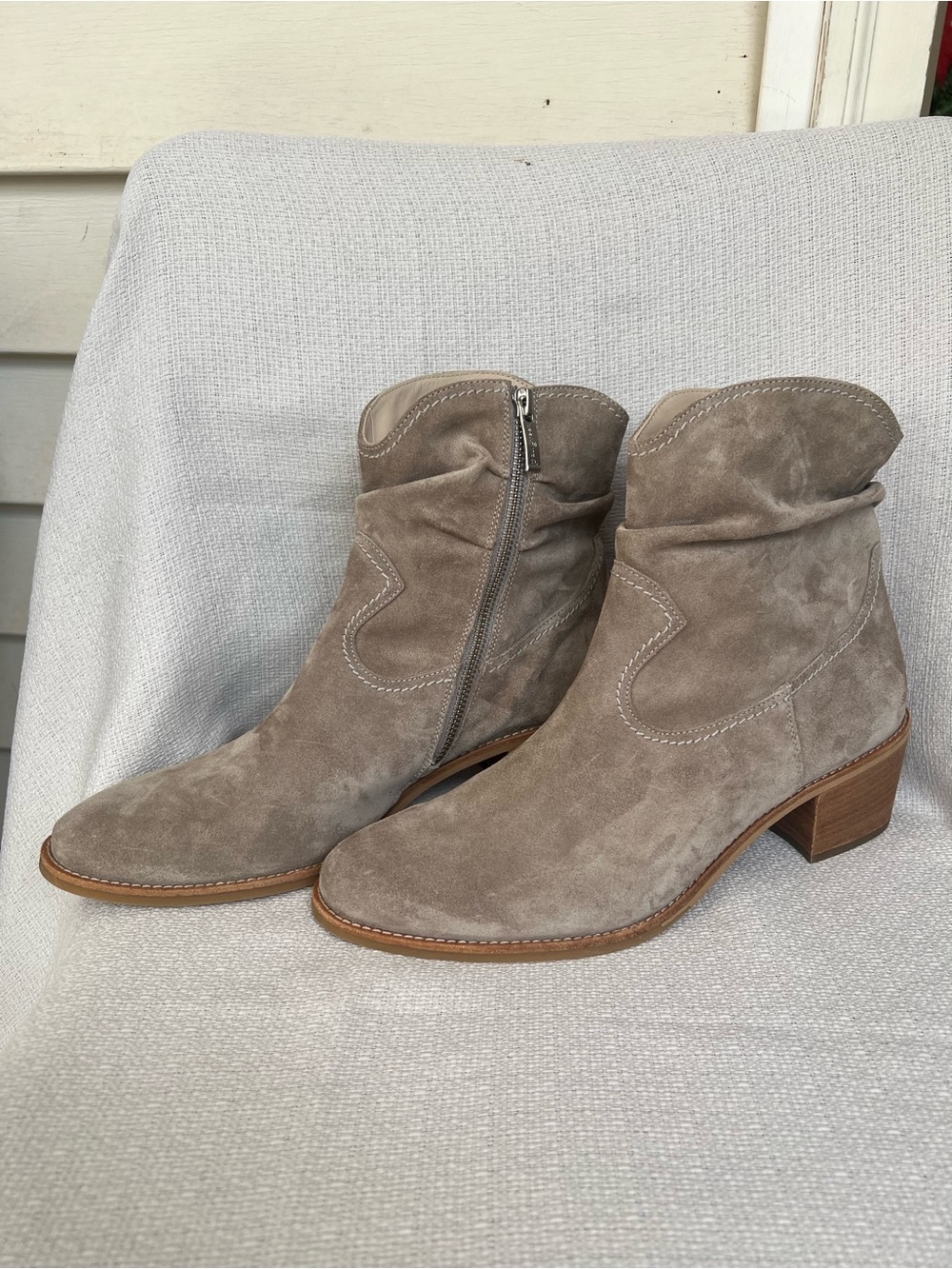 Paul Green Taupe Suede Ankle Booties with Low Block Heel